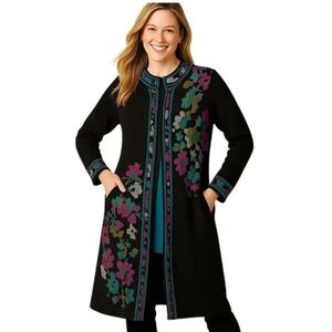 J. Jill Longline Duster Cotton Floral Knit Coat XS Petite Whimsigoth Dark Boho